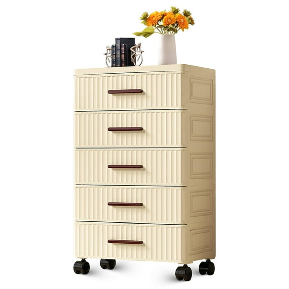 5 Tiers Plastic Drawer Storage On Wheels, Storage Chest of Drawers Tall Dresser, Pull Out Storage Bins for Bedroom Night Stand Living Room Entryway Hallway
