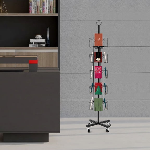 5 Tiers Pocket Rotating Holder X-shaped Base Rotating Greeting Card Rack, Black Display Stand Spinning