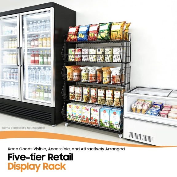 5 Tiers Retail Shop Display Rack Market Shelf Fruit Vegetable Snack Basket Black