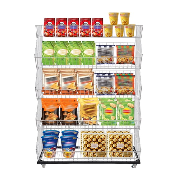 5 Tiers Shelving Unit, Retail Display Rack with Wheels, Market Retail Display Rack, for Fruit Vegetable Snack Basket (White)