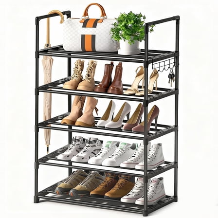 5 Tiers Shoe Rack with Hook, Stackable Shoe Organizer Storage for Shoe and Boot, Shoe Shelf for Closet, Entryway, Dorm, Garage