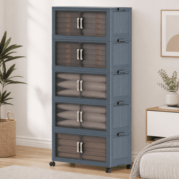 5-Tiers Stackable Clear Visible Storage Organizer, No Assembly Required, with Mobile Rolling Wheels, Multifunctional Home Cabinet for Toys, Snacks, Books, Clothes & Sundries, Space Saving, Dark Grey