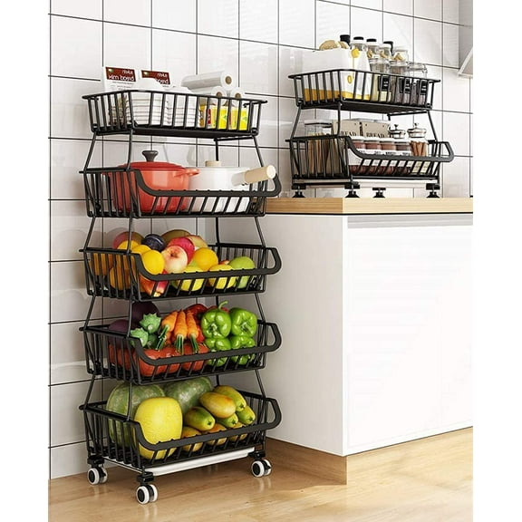 5 Tiers Stackable Fruits Baskets Cart Kitchen Storage Cart, Floor Stand Basket with Casters Utility Rolling Vegetable Rack for Pantry Bathroom Garage Home Kitchen