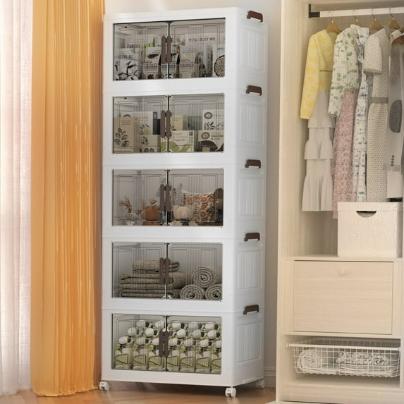 5 Tiers Storage Bins-Plastic Storage Bins, Storage Bins with Wheels, Closet Organizers and Storage,Magnetic Dual Open Collapsible Storage Bins for Home and Office Storage