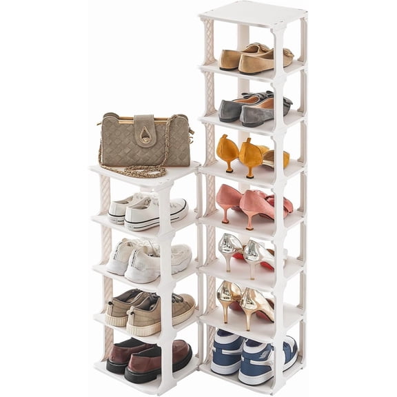 5 Tiers Vertical Shoe Rack, Narrow Free Standing Storage Organizer for Entryway and Small Closet, Stackable Holder Shelf Stability DIY, Beige