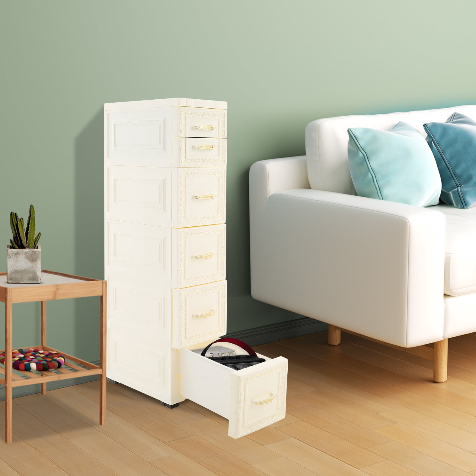 5 Tiers White PP Narrow Storage Organizer 6 Drawers Slim Bathroom Storage Cabinet for Bedroom, Bathroom