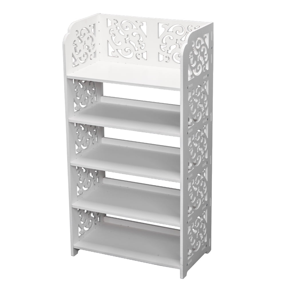 5 Tiers White Shoe Rack, Wood-plastic Board Carved Hollow Shoe Storage Rack, Waterproof Damp Proof Easy Clean Shoe Organizer, Suitable for Living Room Hall Study Bedroom Home Use