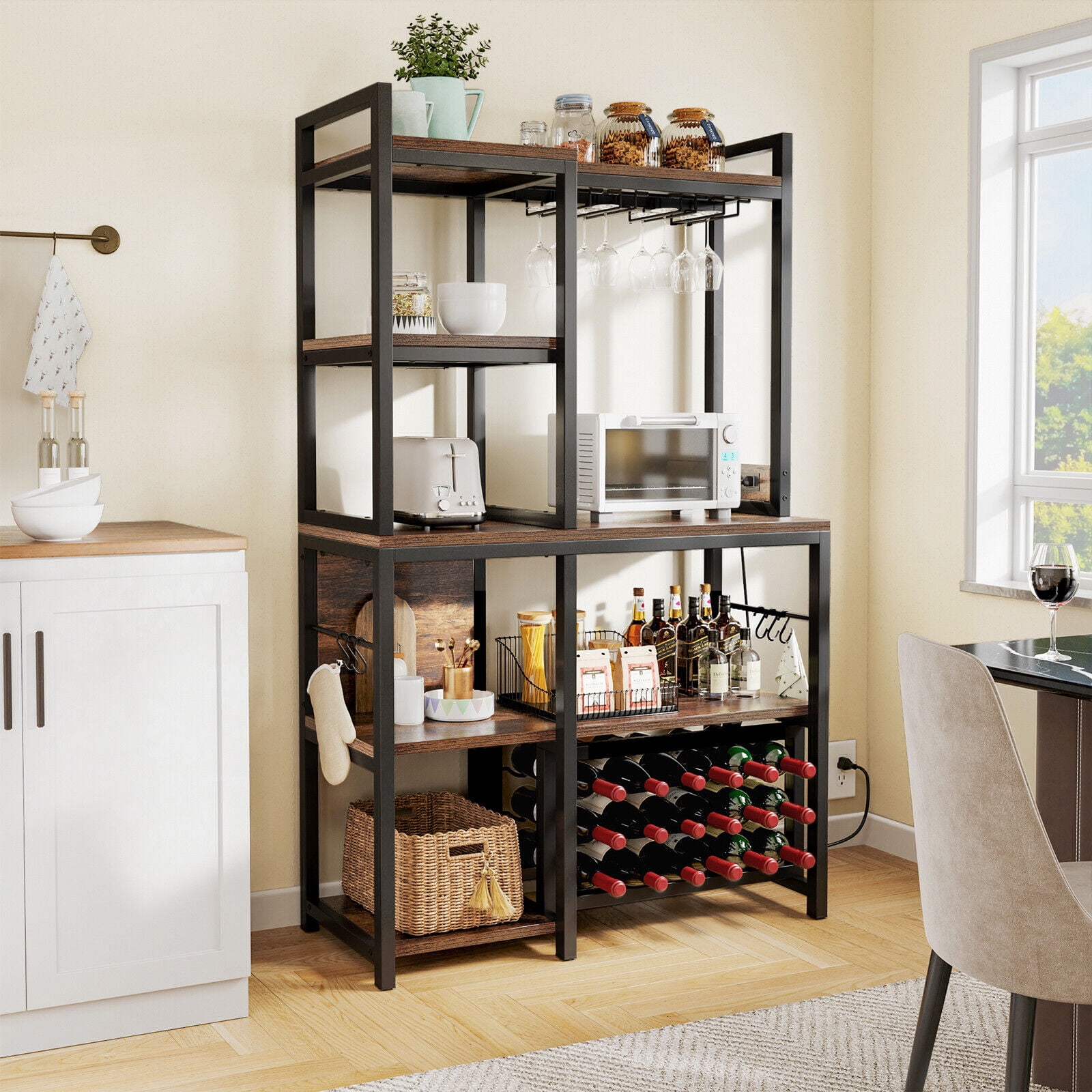 5 Tiers Wine Rack Table Bakers Rack with Wine Storage Shelves & Glass ...