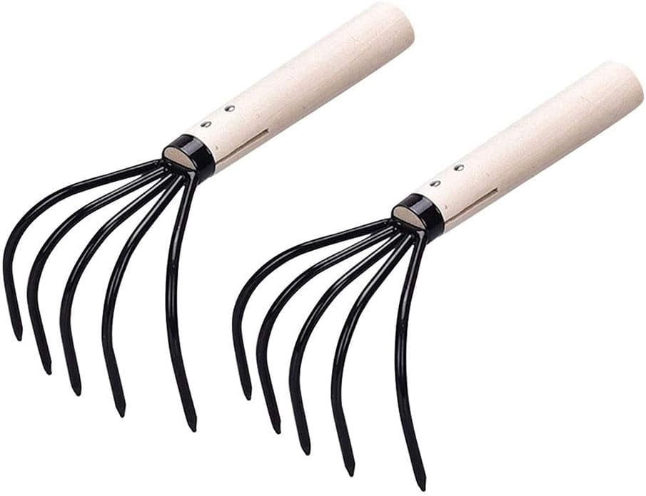 5-Tine Hand Cultivator - Set Of 2 Small Rakes With Wooden Handles - For ...