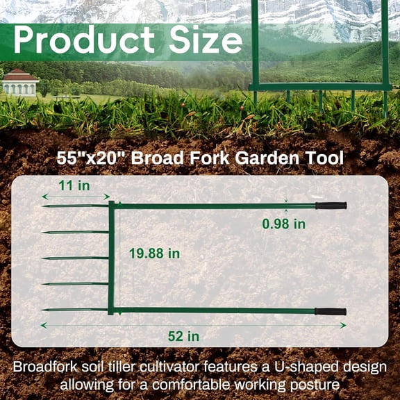 5 Tines Heavy Duty Broad Fork, 55"*20" in Broad Fork for Gardening Heavy-Duty Hand Tiller for Digging, Cultivating & Aerating Clay Soil, Ergonomic U-Shaped Design for Comfortable Gardening & Farming