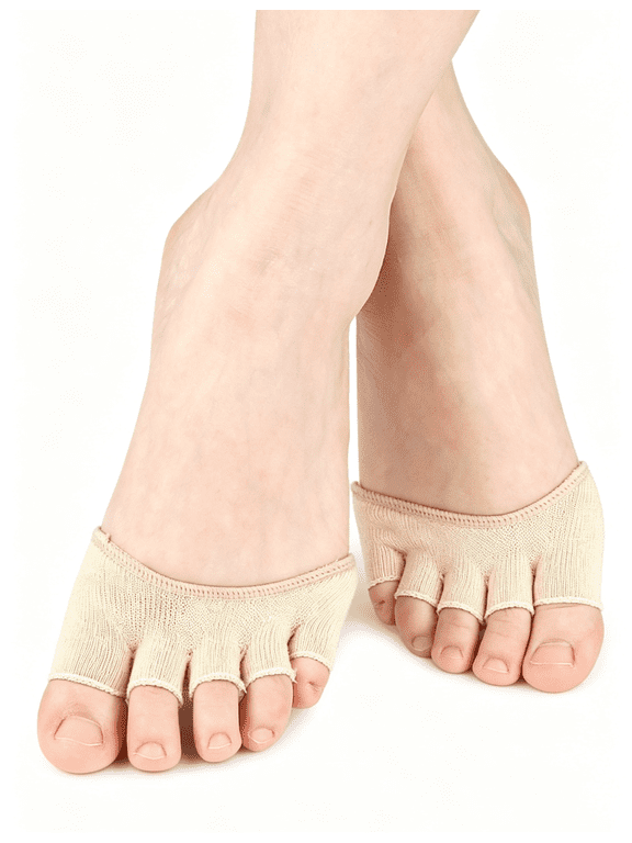 5-Toe Separator Socks for Men Women, Soft Cotton Open Toe Heelless Foot Socks, Breathable Non-Slip Toe Spacer Socks for Daily Work Sports High Heels, Beige (2Pcs)