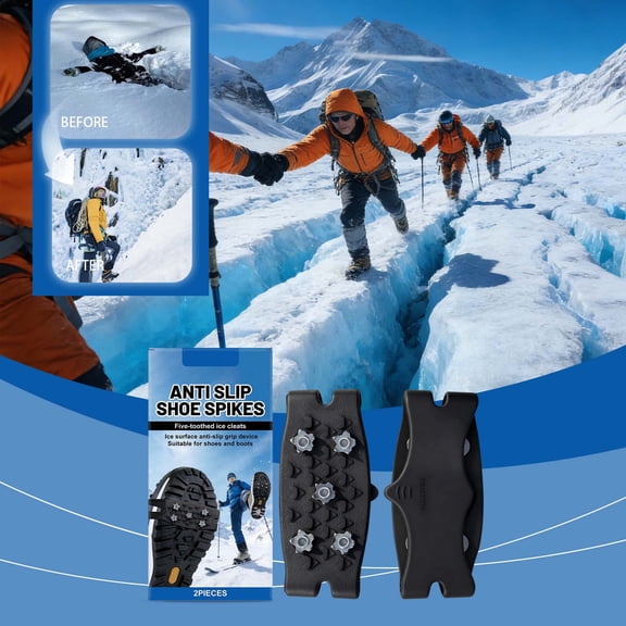 5-Tooth Ice Cleats Shoe Spikes for Boots, Strong Grip Metal Studs, Elastic Silicone Universal Fit, Quick Wear Cleats for Snow, Walking, Hiking, Outdoor Activities, Winter Traction Safety