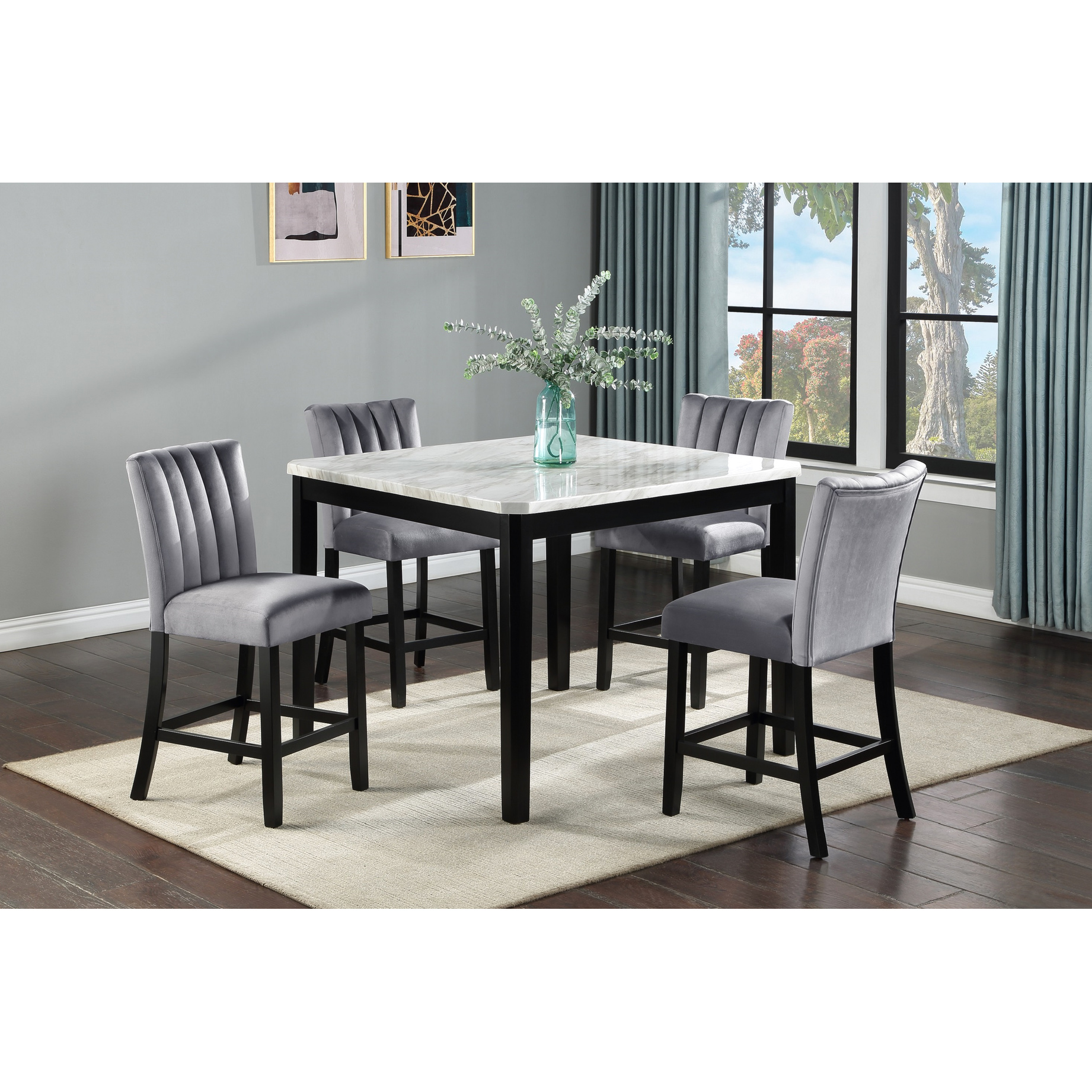 5 Transitional Dining With Counter Height Table, Square Faux Marble Top ...