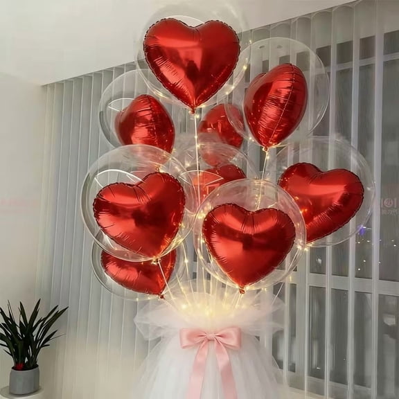 5 Transparent Red Heart-Shaped Bobo Balloons Set - Romantic Aluminum Film Balloons for Valentine's Day, Wedding, Proposal & Anniversary Decor