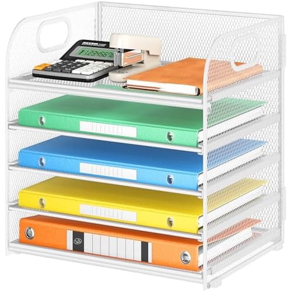 5 Tray Paper Organizer Letter Tray with Handle - Mesh Desk File Organizer, Paper Sorter Organizer for Office, Home or School File Folder Holder - White