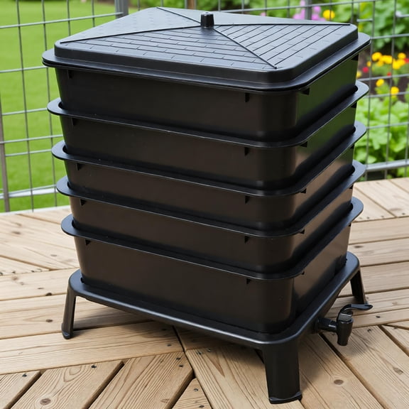 5-Tray Worm Composter Bin Kit 13Gal Indoor/Outdoor Vermicomposting System for Kitchen, Balcony Garden, Includes Coconut Coir, Tools Guide for Easy Food Waste Recycling Organic Fertilizer