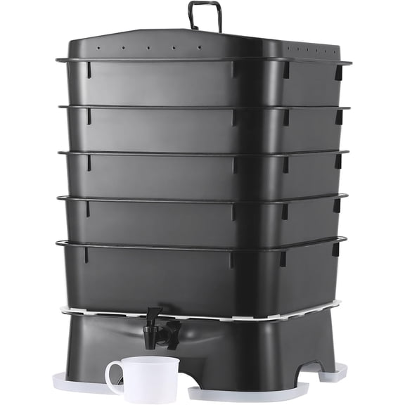 5-Tray Worm Composter Indoor Outdoor Vermicomposting Bin Sustainable Design for Food Waste Recycling Black