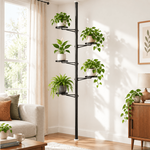 5-Trays 5 Tier Tension Rod Plant Stand, Adjustable Floor to Ceiling Indoor Garden Rack