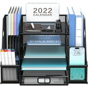 5 Trays Paper Organizer with Handle - Mesh Desk Organizer with File Holder, Desktop Organizer and Storage with Drawer for Office Supplies Home or School, Black