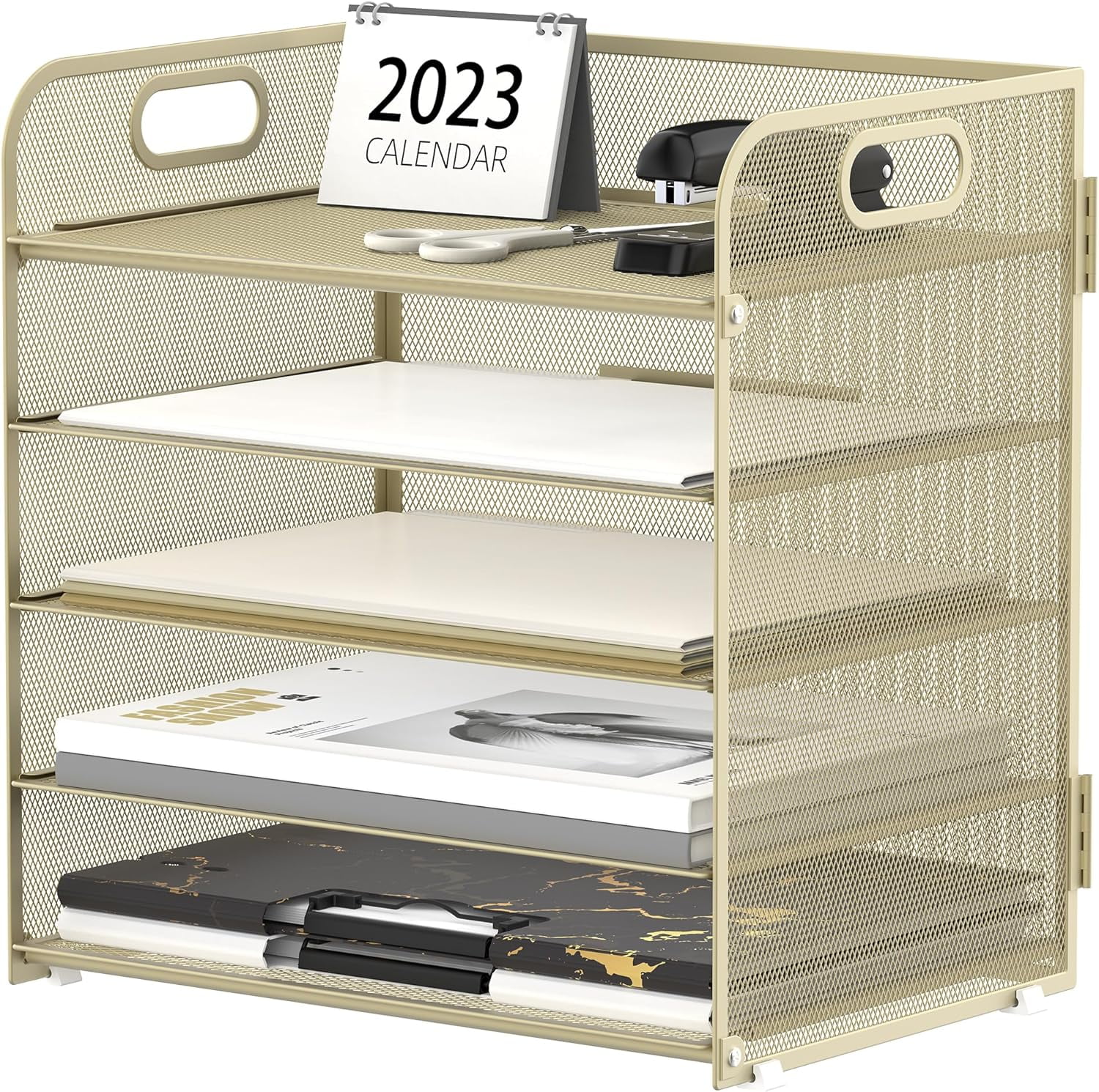 5 Trays Paper Organizer with Handle - Mesh Desk File/Letter Organizer ...