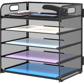 INTIGE 5 Trays Paper Organizer with Handle - Mesh Desk File/Letter Organizer,Black Paper Sorter for Office, Home