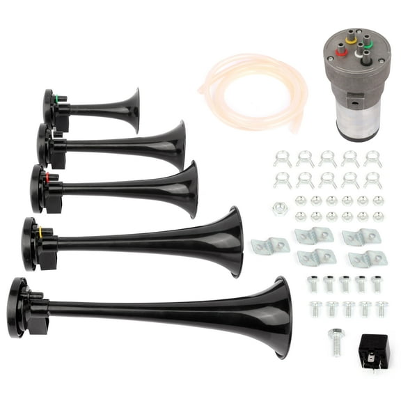 5 Trumpet Horn Kit with Compressor Loud Train Horn Dixie Musical Air Horn12V 105db, Dixie Musical Air Horn Plastic(black) , Electric Trains Horns for Any 12V Vehicles
