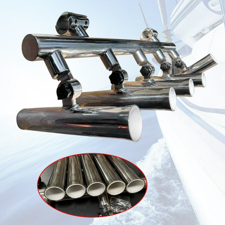 fishing rod holder bases 5 Tube Rod Holder for Rails Stainless Steel Fishing Rod Base Adjustable, Silver