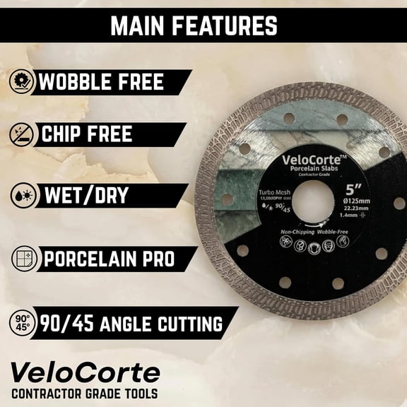 5" Turbo Mesh Ultra Precision Diamond Tile Saw Blade - Porcelain Slab, Dekton - 7/8" Arbor w/ 5/8" Ring, Wet/Dry, 12,200 RPM, 1.4 mm Kerf (VCP1)