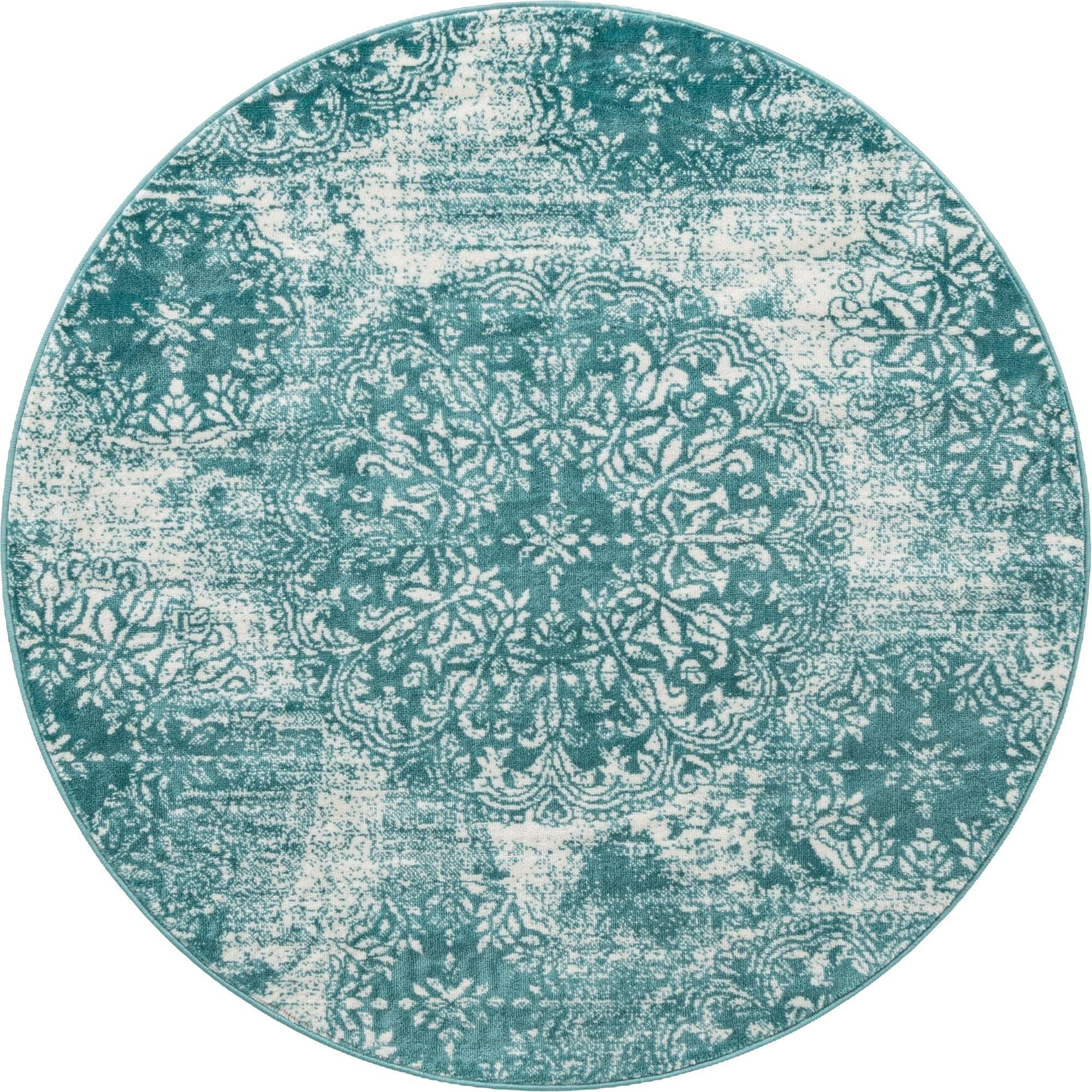 5' Turquoise Blue and Ivory Medallion Floral Round Area Throw Rug
