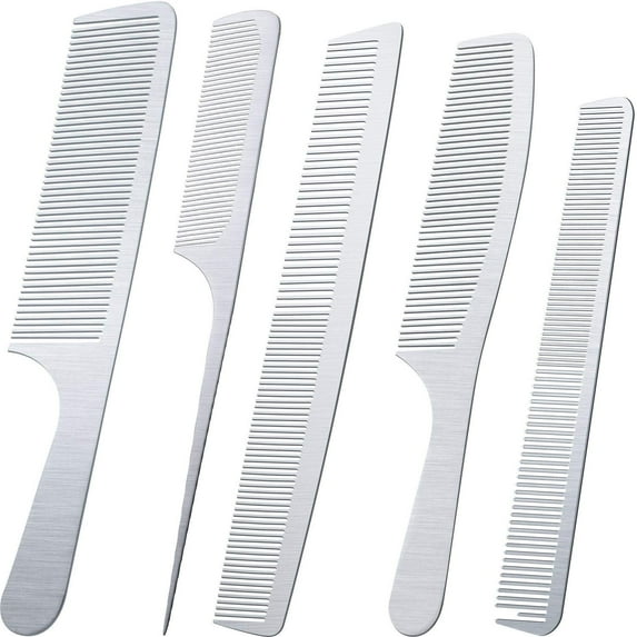 5 Type Metal Barber Combs Set Stainless Steel Rat Tail Combs Double Tooth Fine Wide Tooth Large Small Handle Hairdressing for Woman Man Long Short Hair Styling Cutting Dressing Beard Mustache