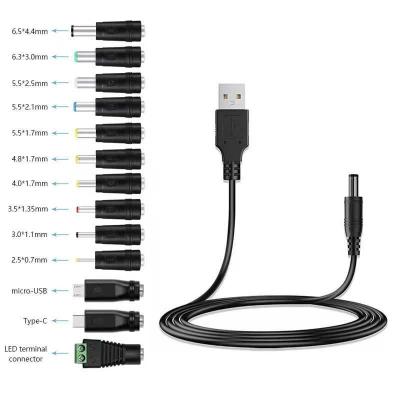 Power Cable Plug Usb 5' USB to DC Power Cable with 13 Interchangeable Plugs Adapters, Black ...