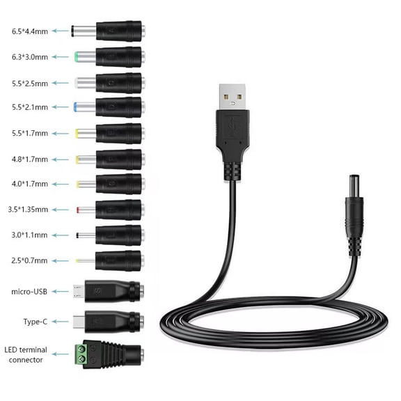 5' USB to DC Power Cable with 13 Interchangeable Plugs Adapters, Black