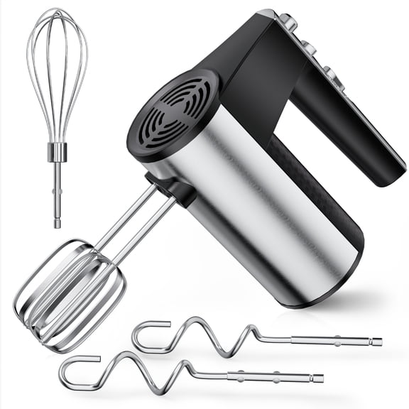 TINANA 5 Speed Hand Mixer Electric Handheld with 1 Whisk, 2 Beaters, 2 Dough Hooks, Cookie Mixer with Turbo Boost, Food Beater for Kitchen Baking Cakes, Eggs, Cream, Stainless Steel