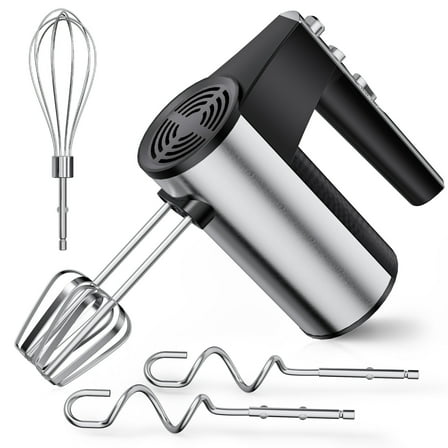 TINANA 5 Speed Hand Mixer Electric Handheld with 1 Whisk, 2 Beaters, 2 Dough Hooks, Cookie Mixer with Turbo Boost, Food Beater for Kitchen Baking Cakes, Eggs, Cream, Stainless Steel