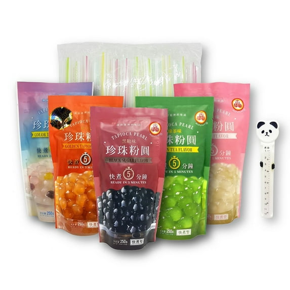 5 Varieties WuFuYuan Boba Tapioca Pearls Bundle 8.8 Oz. Each with 1 Pack of 50 Karat Boba Wide Straws