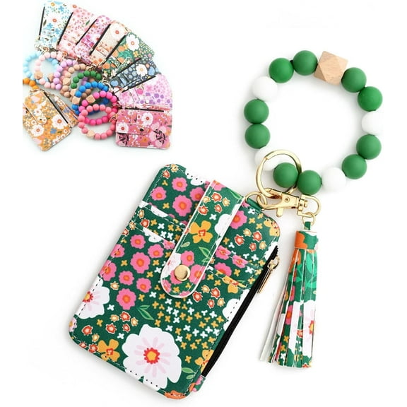 Under 5 Vggrvlo Women's Boho Beaded Wallet with Flower Pattern Women Boho Style Beaded & Tassel Decorated Keychain Credit Card Holder Purse Christmas Gifts for Te-ens (Green)