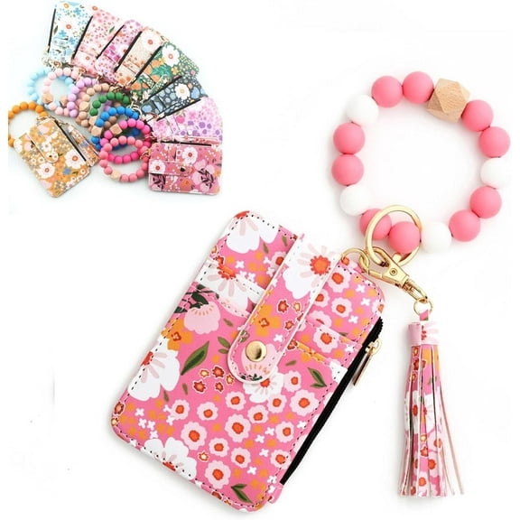 Under 5 Vggrvlo Women's Boho Beaded Wallet with Flower Pattern Women Boho Style Beaded & Tassel Decorated Keychain Credit Card Holder Purse Christmas Gifts for Te-ens (Dark Pink)