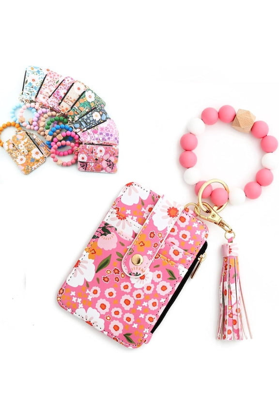 Under 5 Vggrvlo Women's Boho Beaded Wallet with Flower Pattern Women Boho Style Beaded & Tassel Decorated Keychain Credit Card Holder Purse Christmas Gifts for Te-ens (Dark Pink)