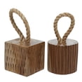 thumbnail image 1 of 5"W, 10"H Brown Teak Wood Handmade Door Stopper Geometric Sculpture with Rope Accent, by DecMode (2 Count), 1 of 11
