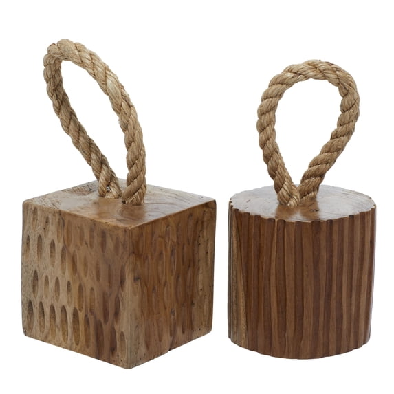 5"W, 10"H Brown Teak Wood Handmade Door Stopper Geometric Sculpture with Rope Accent, by DecMode (2 Count)
