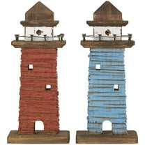 5"W, 10"H Red Wood Distressed Light House Sculpture with Blue and Brown Accents, by DecMode (2 Count)