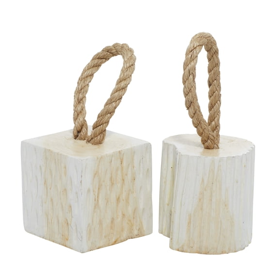 5"W, 10"H White Teak Wood Handmade Door Stopper Geometric Sculpture with Rope Accent, by DecMode (2 Count)