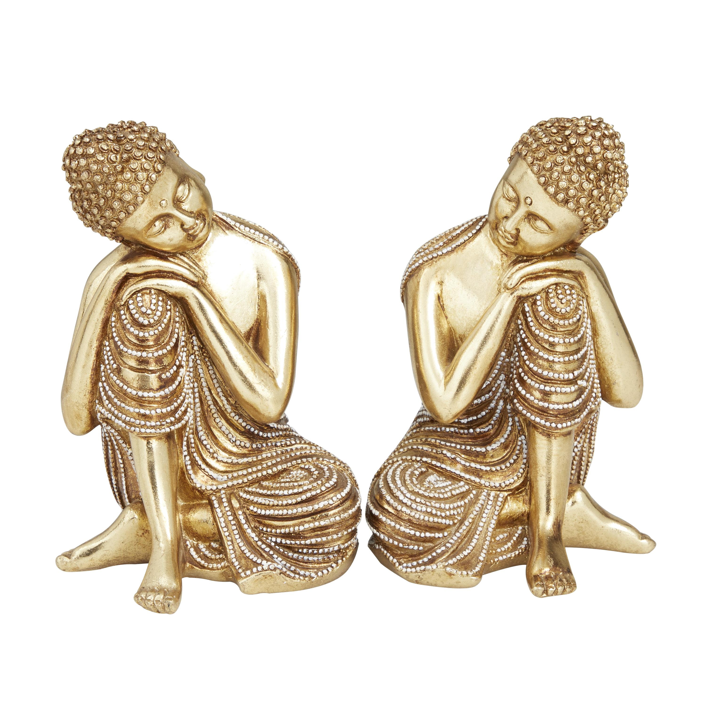 5"W, 7"H Gold Polystone Meditating Buddha Sculpture with Engraved Carvings and Relief Detailing, by DecMode (2 Count)