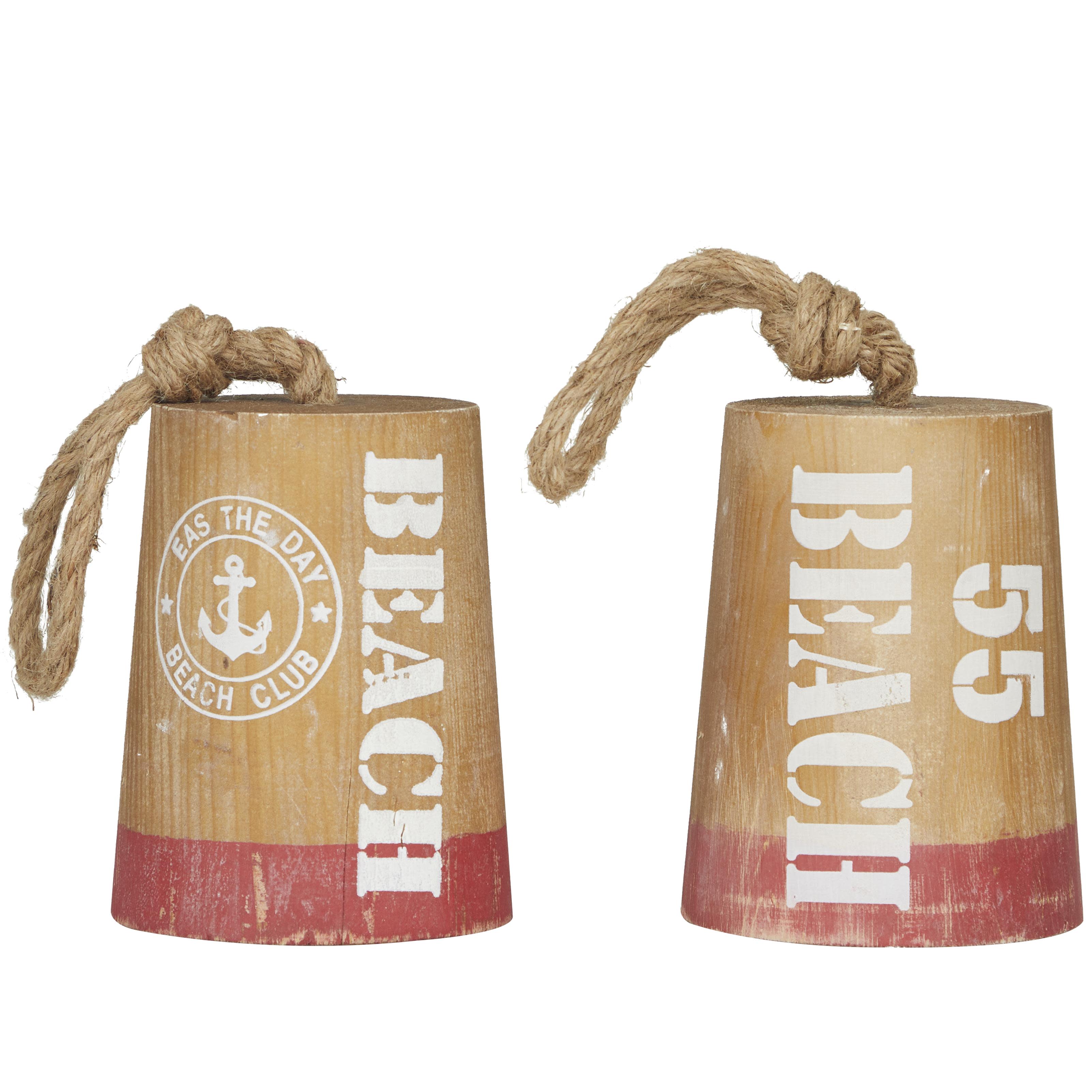 5"W, 8"H Brown Wood Door Stopper Buoy Sculpture with Rope Accents, by DecMode (2 Count)