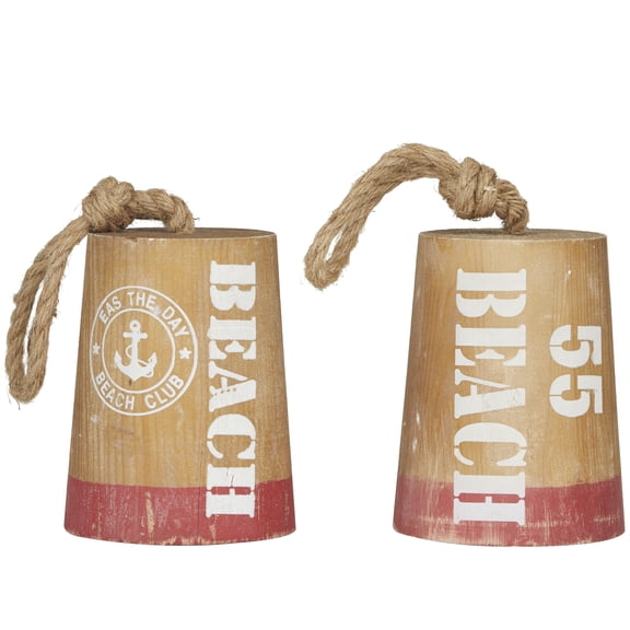 5"W, 8"H Brown Wood Door Stopper Buoy Sculpture with Rope Accents, by DecMode (2 Count)