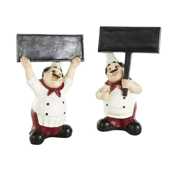 5"W, 8"H White Polystone Kitchen Decorative Figurine Chef Sculpture with Chalkboard Signs, by DecMode (2 Count)