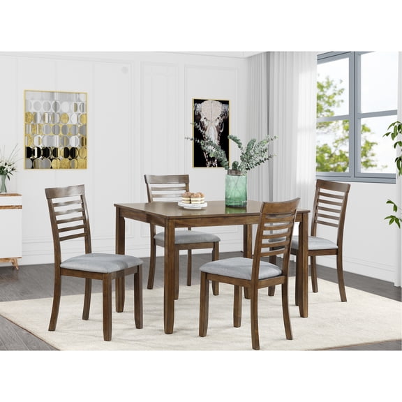 5 Walnut Wood Dining , Rectangular Table And 4 Upholstered Chairs For Cozy Room Experience Wooden Seating Chairs,