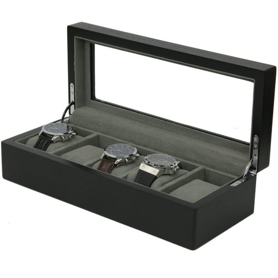 5 Watch Box Wood Black Finish Large Compartments High Clearance Glass Window