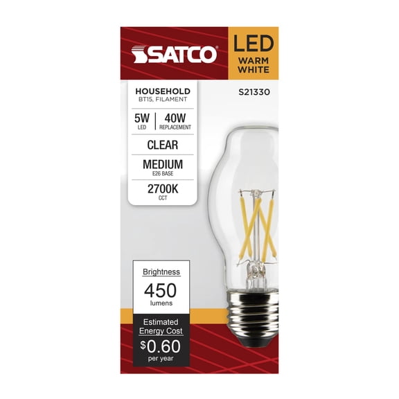 Satco S21330 BT15 LED Light Bulbs 5W 120V E26 Medium Base Warm White 2700K 90 CRI Dimmable Wet Location (6 Pack)