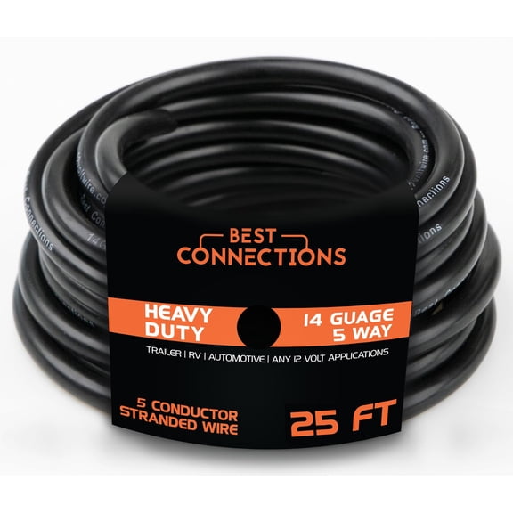 Best Connections 5 Way Trailer Wire, Heavy Duty 14 Gauge, 5 Conductor Insulated Cable, 25 Feet